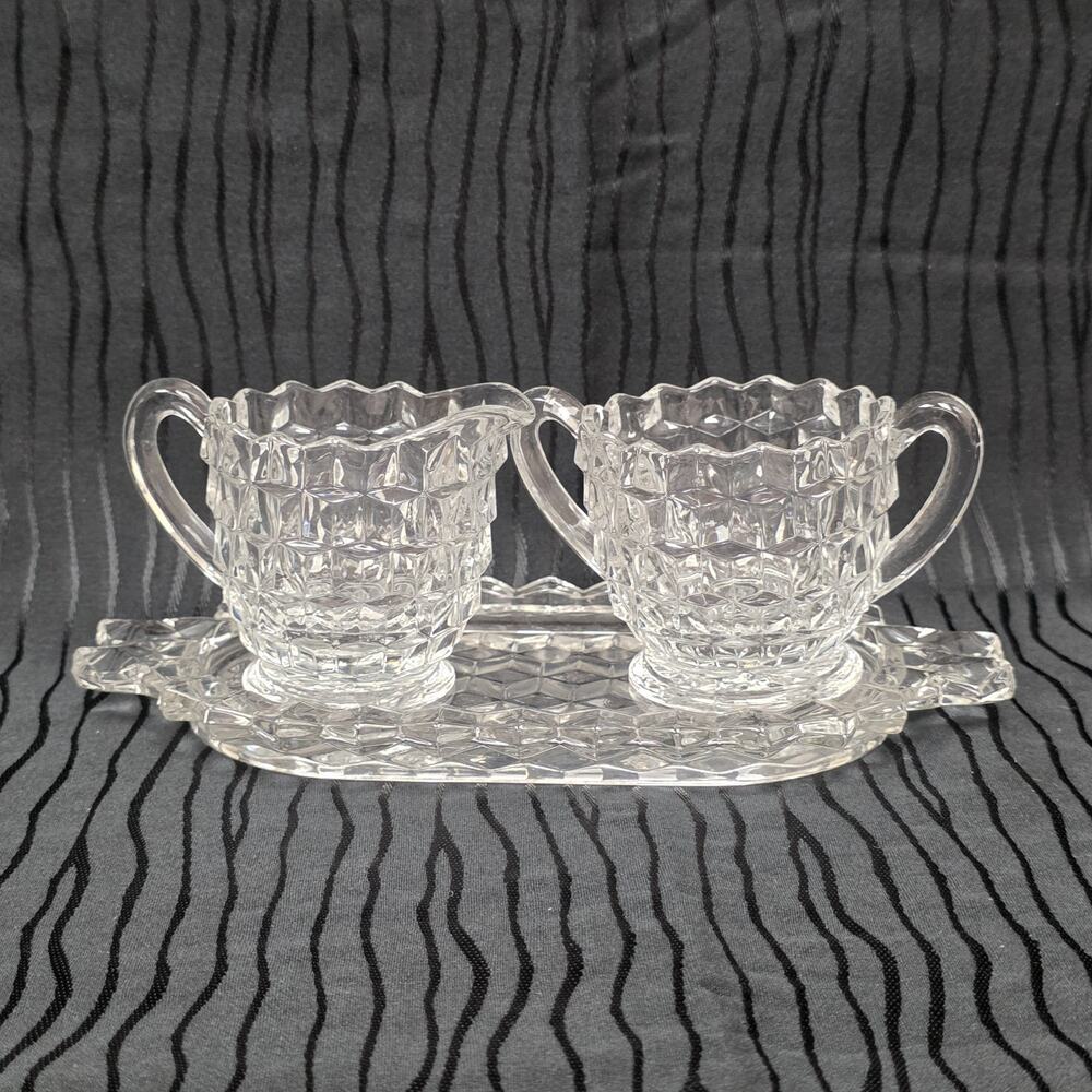 Vintage Fostoria American Clear Glass Creamer Sugar Set w Tray Mini Pressed Glas
